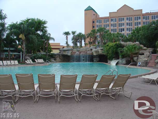 The pool area, not that many people swimming at 7 in the morning