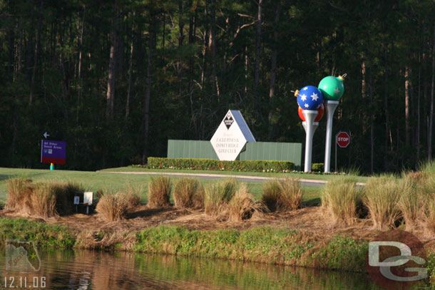 The tees at the entrance have ornaments on them for the holidays