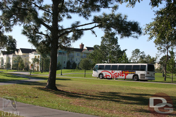 A bus circling the resort to pick up guests for the day.