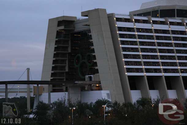 The north facing side of the Contemporary received a large Mickey wreath this year.  Guess so the guests at Bay Lake Tower have something interesting to look at?  