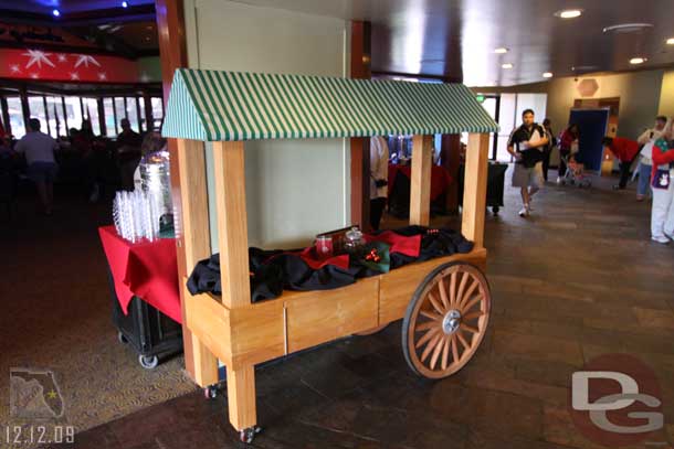 There were several tables/carts with snacks and beverages.