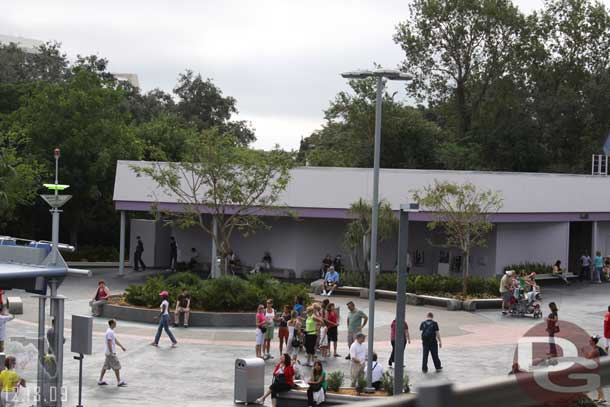 The skyway station has been removed but the restroom building is still there and open.