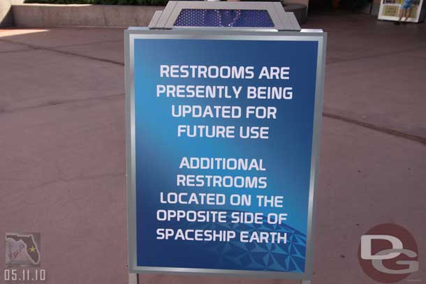 These are the restrooms on the East (Guest relations) side of Space Ship Earth.  The ones on the other side are already complete.