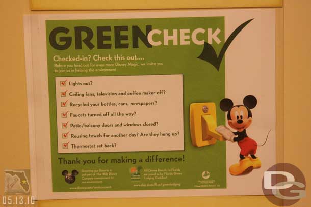 The sign on the back of the room door.. reminding you to be green.