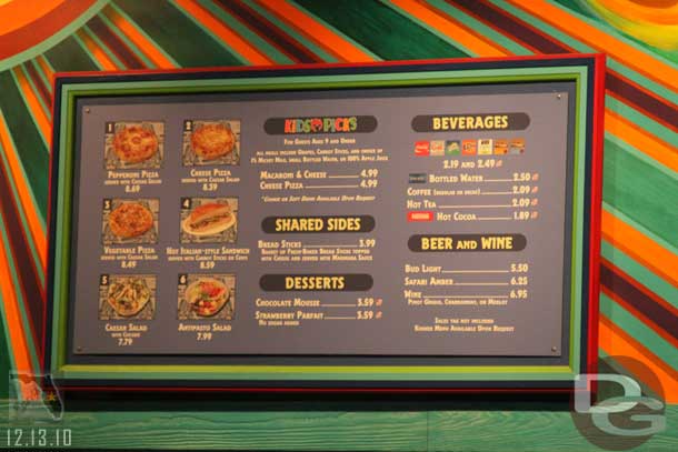 The menu at Pizzafari