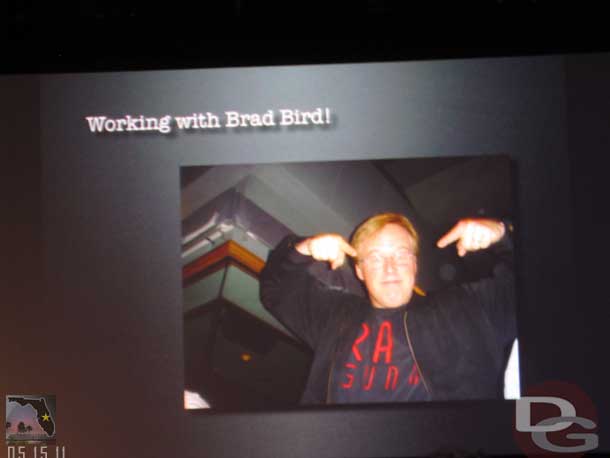 A random shot from his presentation when he was talking about the Incredibles.