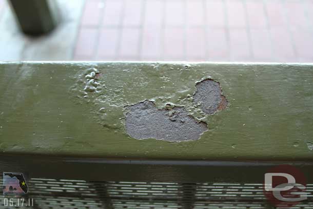 Signs of some wear on the train station rails..