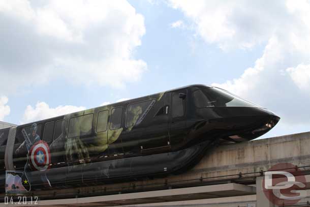 Upon arrival at the Transportation and Ticket Center the Avenger Monorail passed overhead.