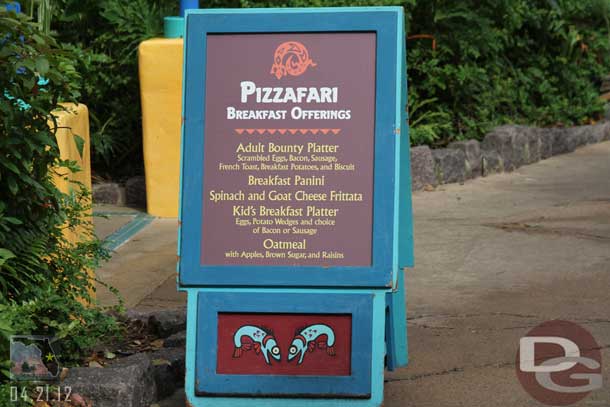 The breakfast menu at Pizzafari.