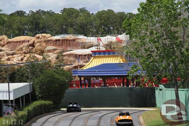 This is going to be an interesting view with the Speedway going toward Dumbo and the rocks in the background are the Little Mermaid building.