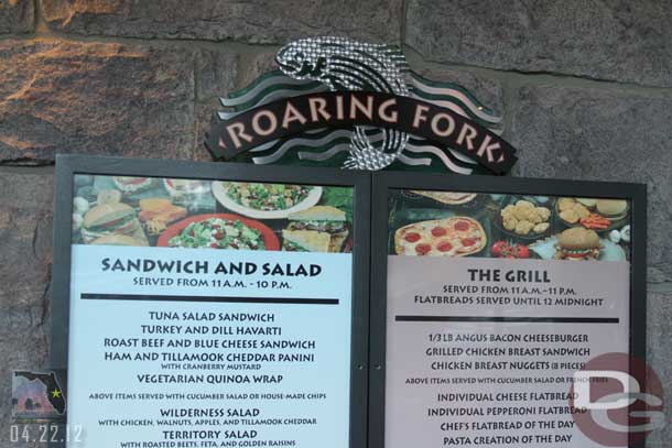 Roaring Forks menu.