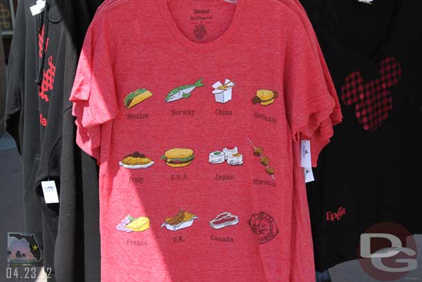 An interesting shirt how they boiled every pavilion down to one food item.  Also found it funny if you look at the tag.. it has Disneyland in a bigger font.. 