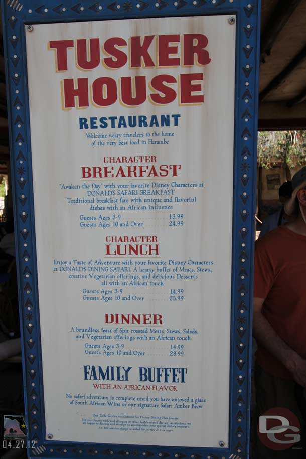 Next up for me was a late lunch at the Tusker House character buffet.  Here is the menu with pricing info.