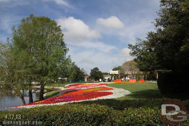 Walking by the large flower beds.