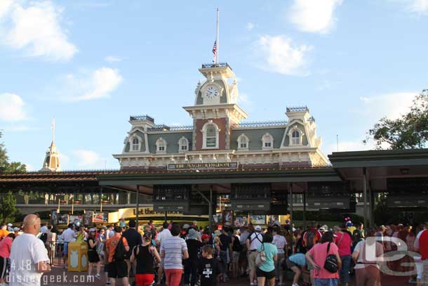 Arrived at the Magic Kingdom about 10 till 8 to a healthy crowd gathered in front of the train station.