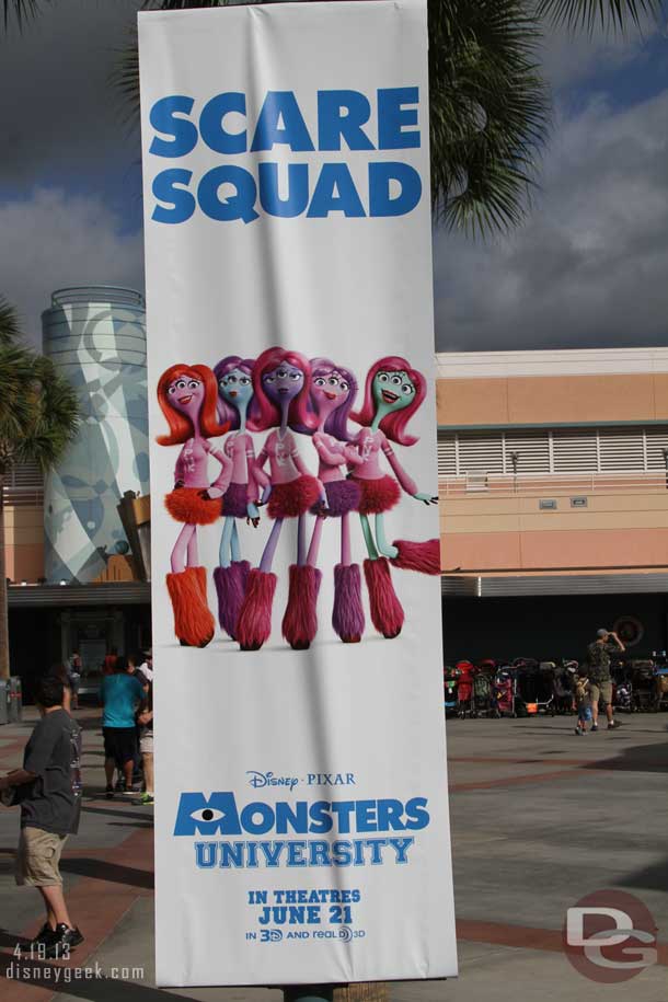 Monsters University banners in the Animation Courtyard.