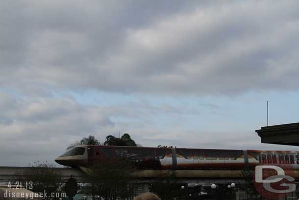 The Iron Man 3 Monorail going by.