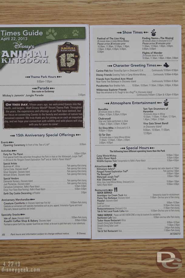 As you entered the park this morning there were special time schedules for the day (front/back pictured)