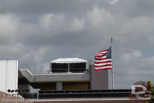 Exiting Epcot, notice the projection booth on top of the monorail station, that is for a press event on Thursday.