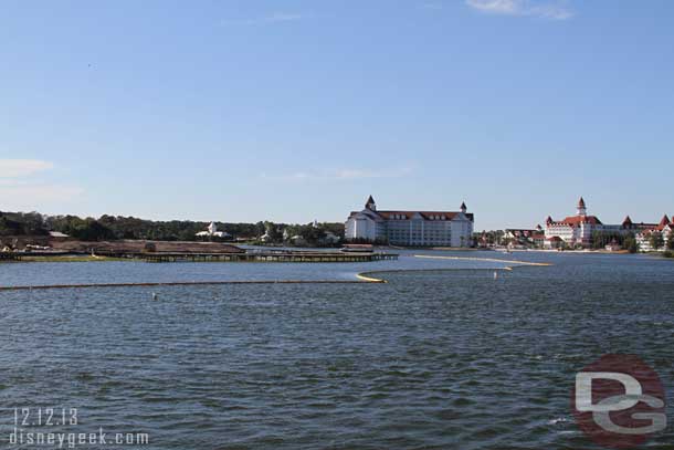 The large box building is the Grand Floridian DVC.  It has the same basic idea as the original resort but to me it just looks like a giant box.