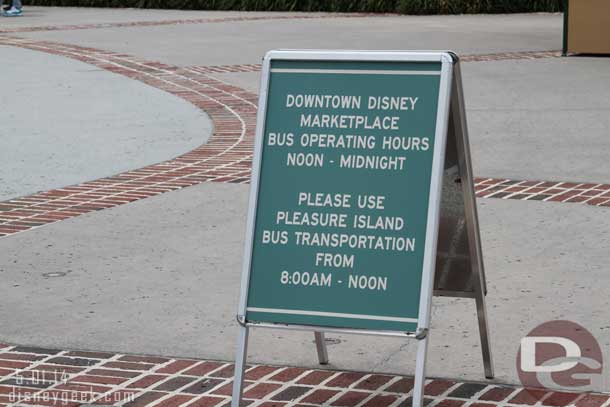 Made a quick trip to Downtown Disney to check out the Disney Springs progress.  The Marketplace bus stop had reduced hours.
