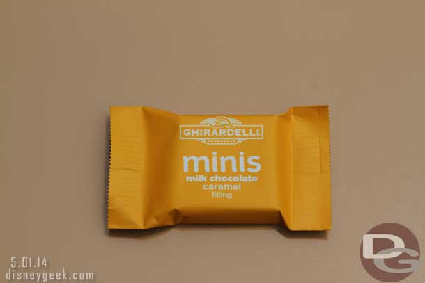 Ghirardelli free samples here are also minis, just like Disney California Adventure right now.