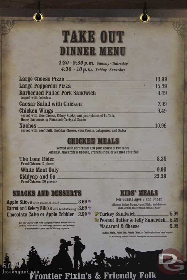 The current take out dinner menu at Trails End