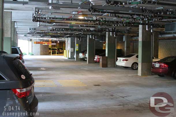 I went to the first level (our room was on 2).  Its a fairly standard parking garage down here.