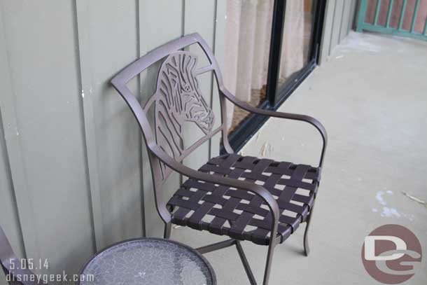 While waiting for everyone else to finish packing thought I would take one more look around our villa at Kidani Village.  This is one of the chairs on the balcony.