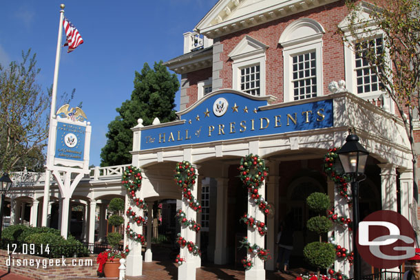 The Hall of Presidents decorated for the season.