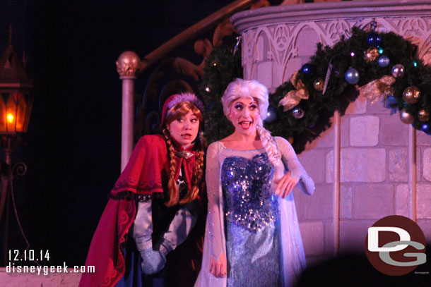 Anna and Elsa during the Frozen Holiday Wish