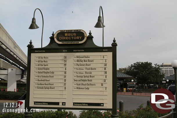 The current Magic Kingdom bus directory.  I like how they have the Contemporary walkway listed.  That was where we were heading.