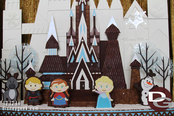 Upstairs in the Grand Canyon Concourse a Frozen meets Mary Blair style gingerbread display.