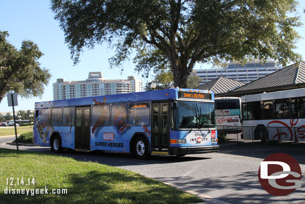 A Disney Infinity 2.0 wrapped bus pulling in.