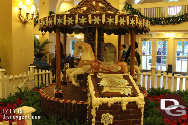 Our stop was the 3rd, the Beach Club.  Walking through the front door the gingerbread carousel greets you.