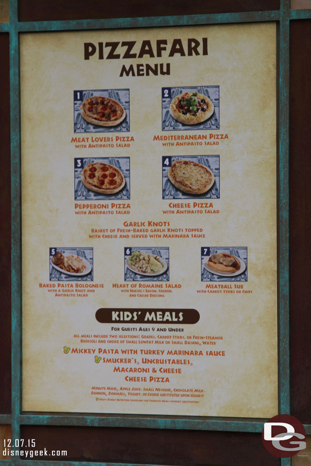 A look at the current menu for Pizzafari