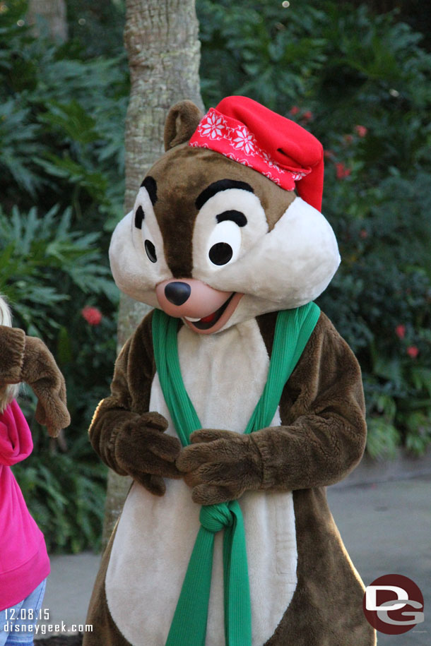 Chip & Dale were out in front of the park greeting guests in their winter gear.