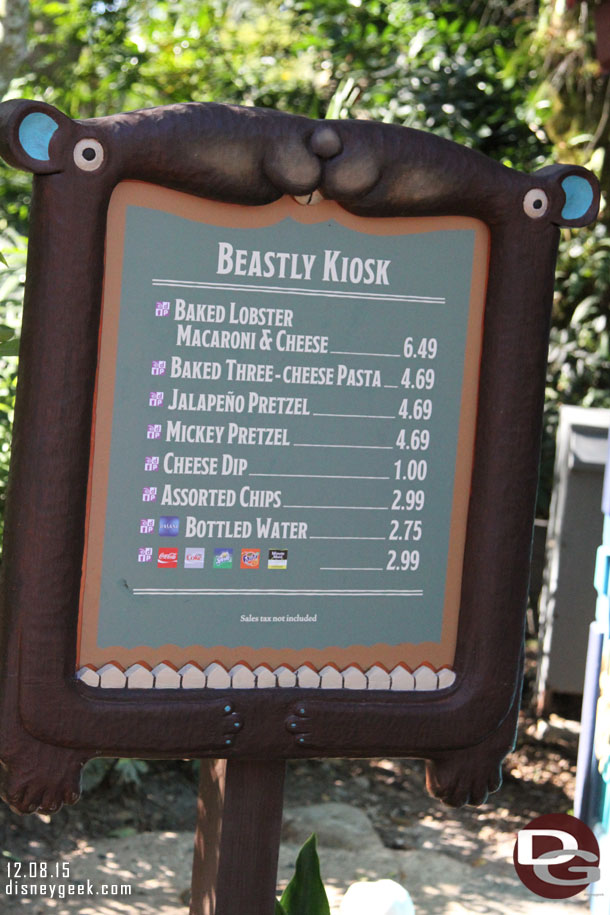 The menu for the kiosk