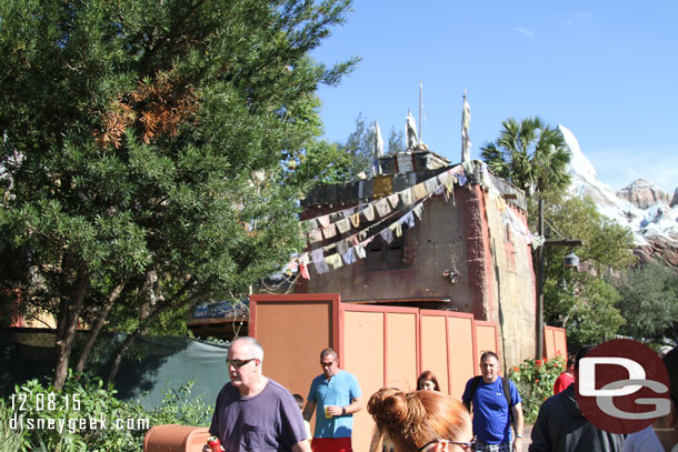 Walls up around the new former Fastpass distribution area for Everest as it is converted to a bar and snack location.