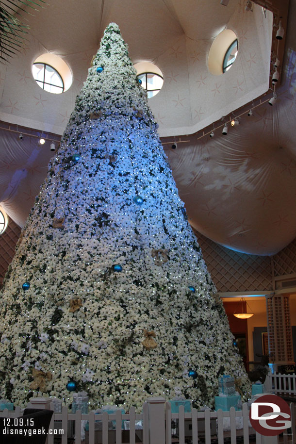 The large Christmas tree in the center of the hotel.