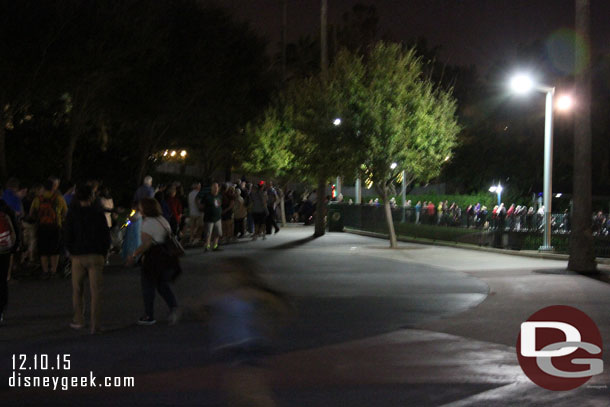 The line for the boat to Epcot stretched back to the Christmas tree.