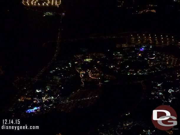 As we left we flew near WDW. I only had my cell phone out so not the best picture, but notice Osborne Lights in the bottom left and Spaceship Earth in the middle right.  