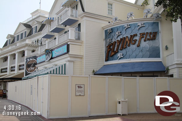 Walls up along the Boardwalk.  The Flying Fish is closed.