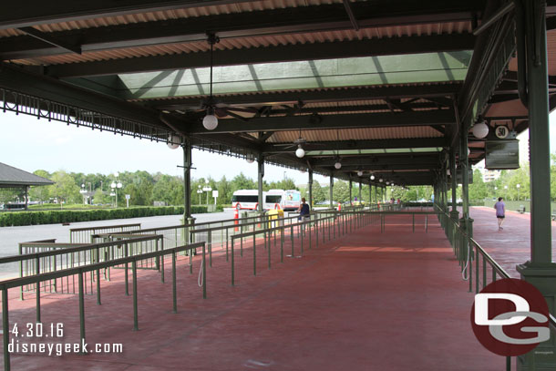 All is quiet at the Magic Kingdom bus stop at 6:00pm