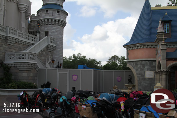 The walkway to Liberty Square is blocked off.  A lift is parked there that is being used to work on the Castle.