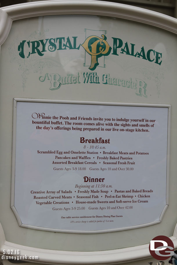 Crystal Palace and a couple other locations now go from breakfast to dinner.  They cut out lunch pricing.  So dinner starts at 11:30am.