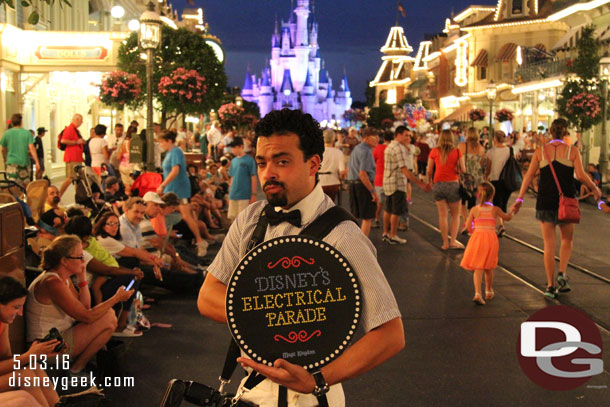 Wanted a picture of the Electrical Parade sign.  The CM wanted to pose for the picture so felt obliged to share it with you all vs just the sign.