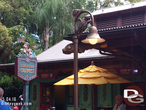 As we passed the Adventures Outpost cast members were announcing no wait at all to see Mickey and Minnie and offering a dry spot for a few minutes.  We opted to keep going and head for lunch.