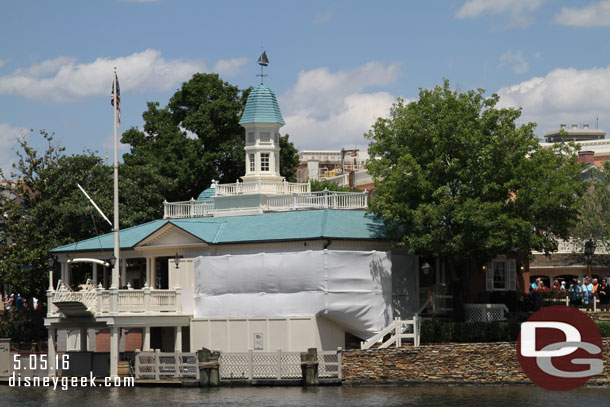 Work being done on the dock building in Liberty Square.