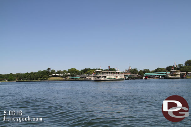 Looking back at the Magic Kingdom Ferry Docks. They were using both docks and three boats this morning.